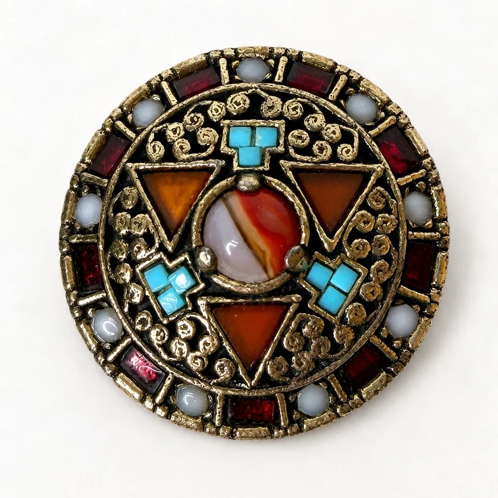 Vintage Miracle Celtic Brooch Pin Multi Color Faux Agate Signed England